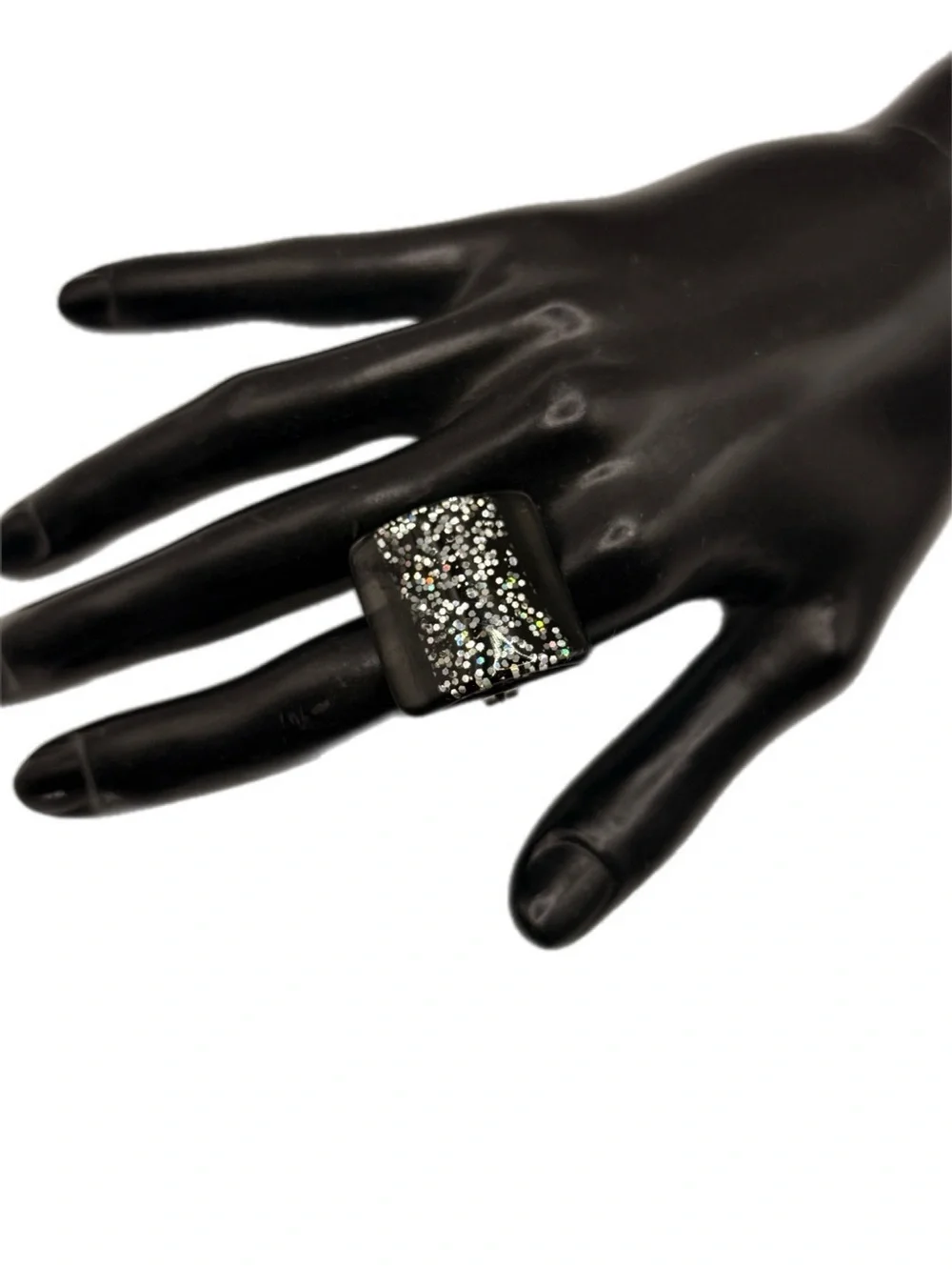 Black Acrylic Sparkle Glitter Square Statement Ring Adjustable